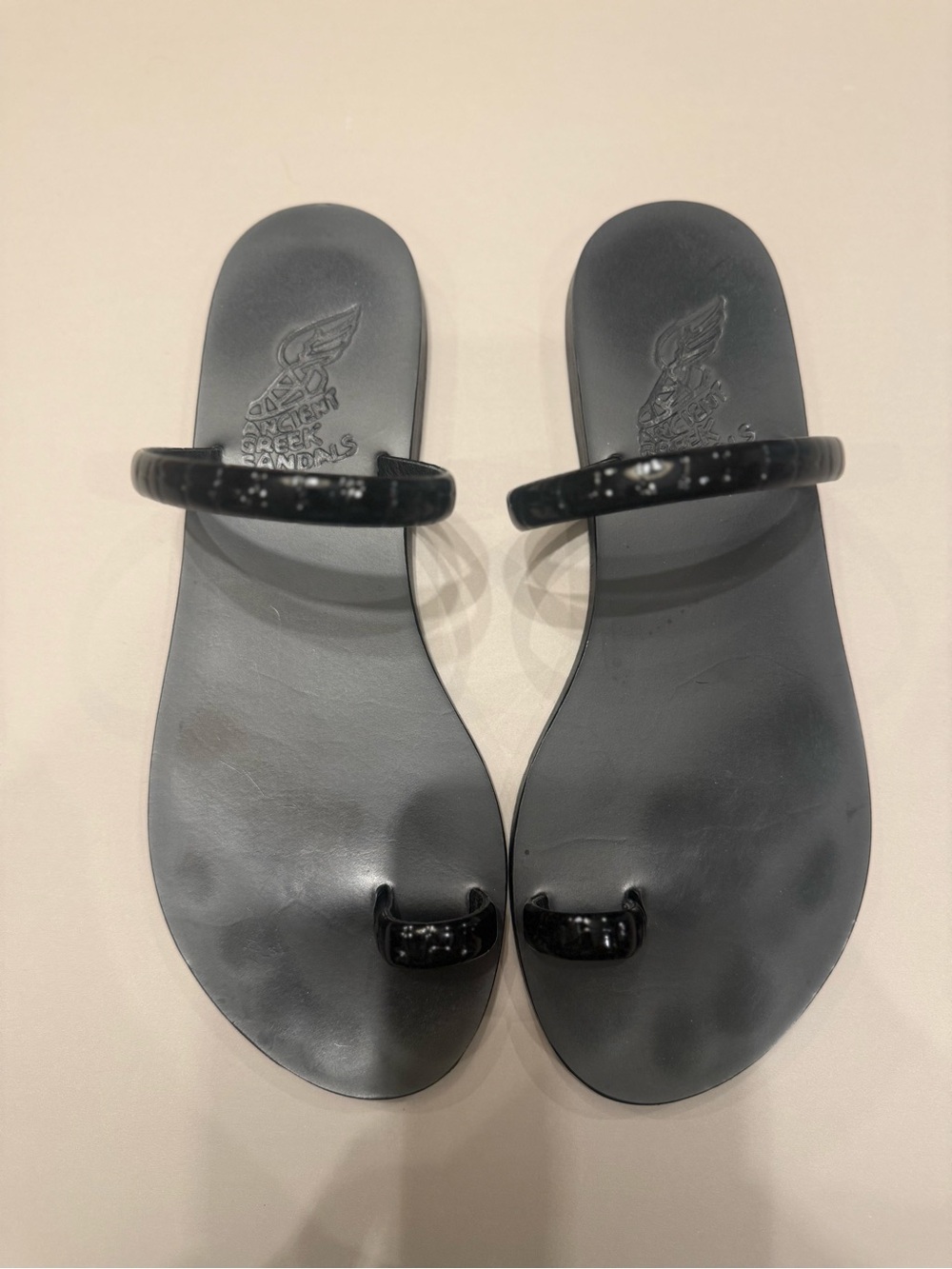 Ancient Greek Sandals Black Leather Toe-Ring Slide Sandals